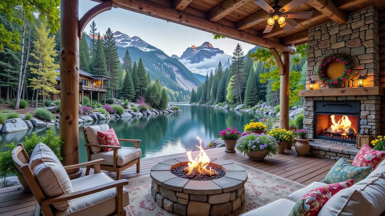 Lakeside Cabin Firepit Ambience, Relaxing Piano for Deep Sleep, Relaxation & Mental Peace 🌲🔥