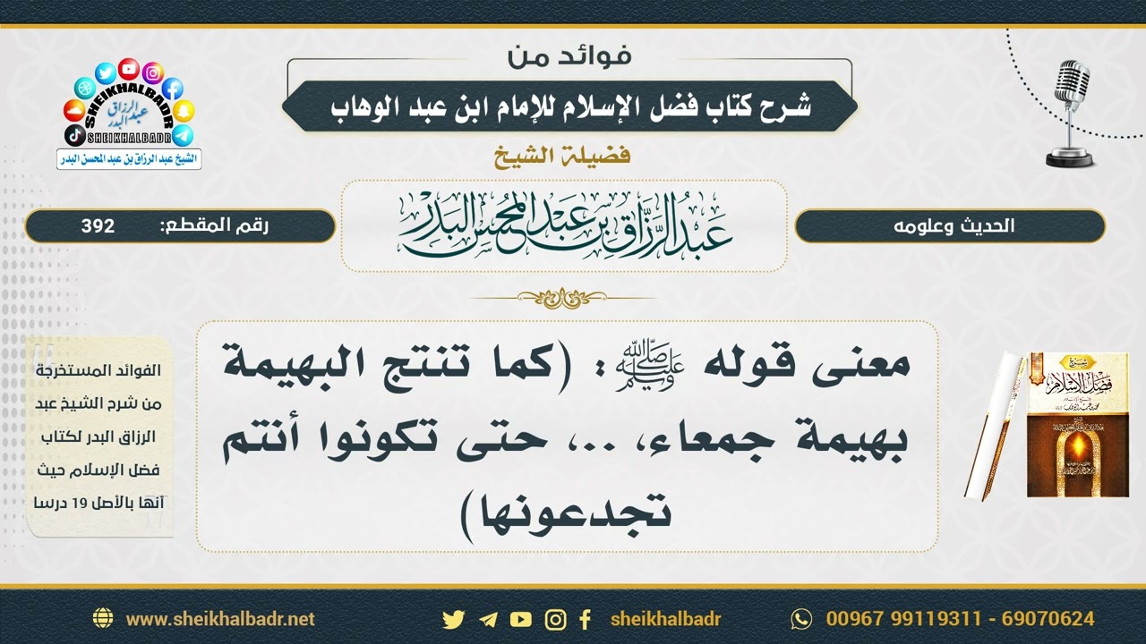 392- معنى قوله ﷺ: {كما تنتج البهيمة بهيمة جمعاء، ..، حتى تكونوا أنتم تجدعونها} - عبد الرزاق البدر