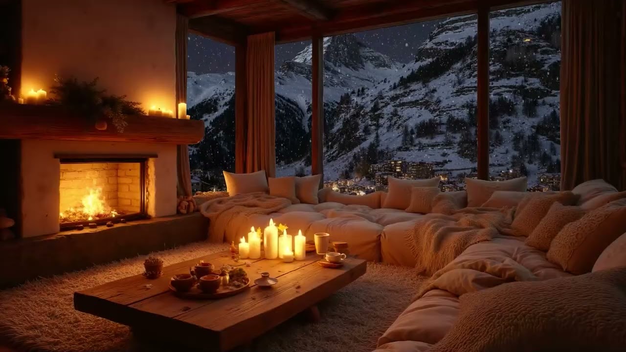 Cozy Winter Cabin Sounds ⛄ Snowfall, Fireplace Crackle & Wind to Help You Sleep