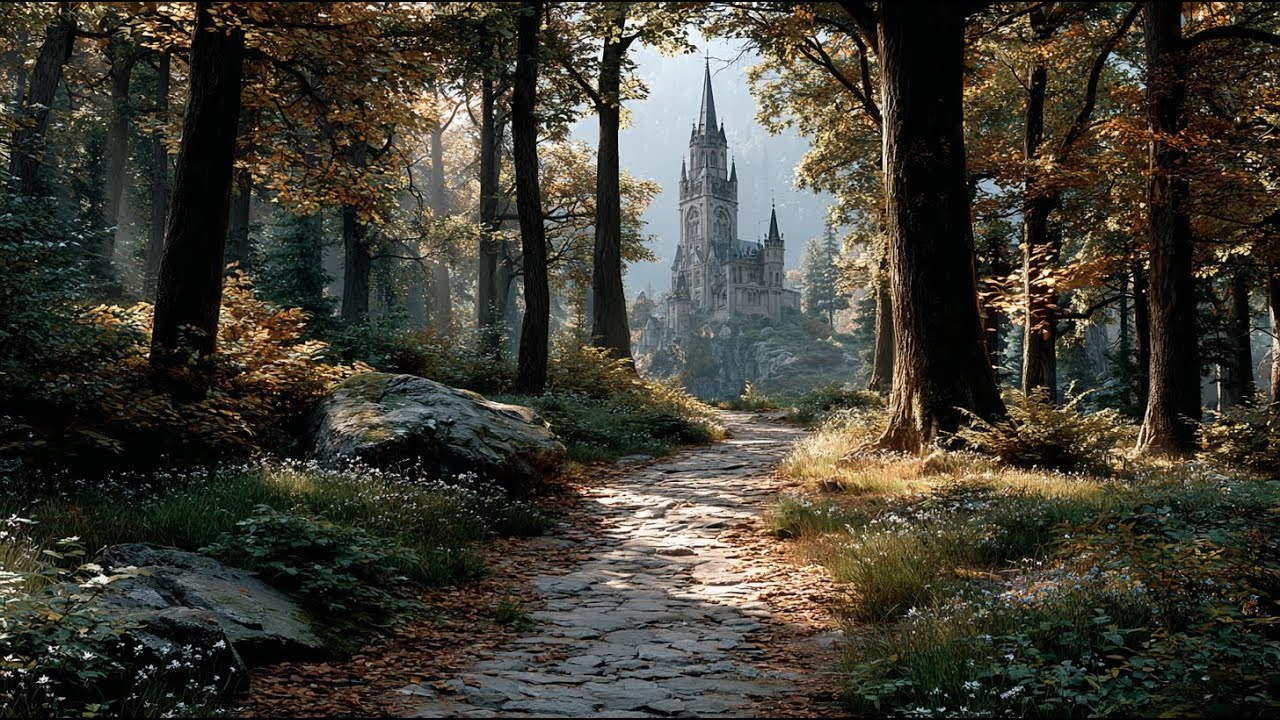 Golden Leaves, Quiet Road, Distant Castle Bells | Medieval Fantasy Music & Animated Ambience