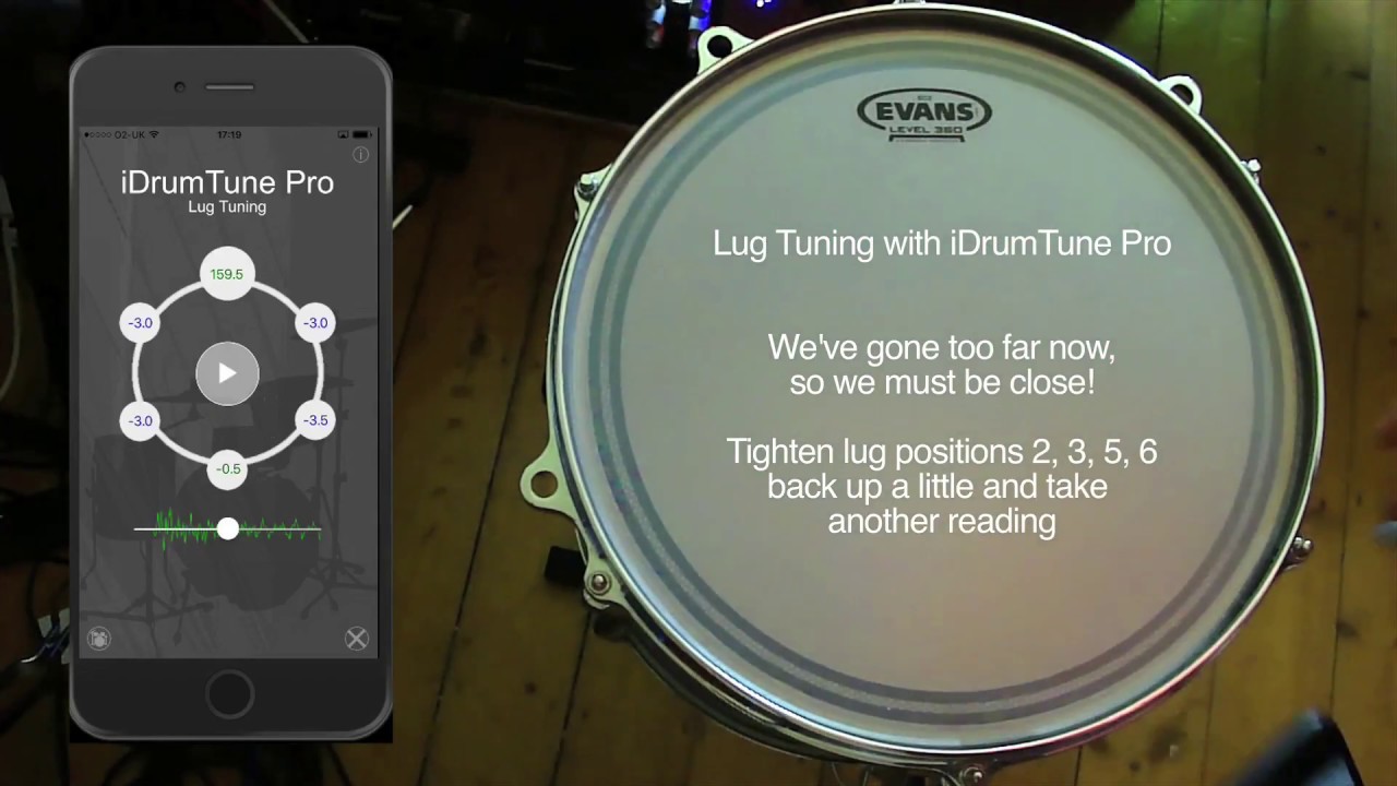 Drum tuning with iDrumTune Pro drum tuner app - clearing / equalizing the drumhead (lug tuning)