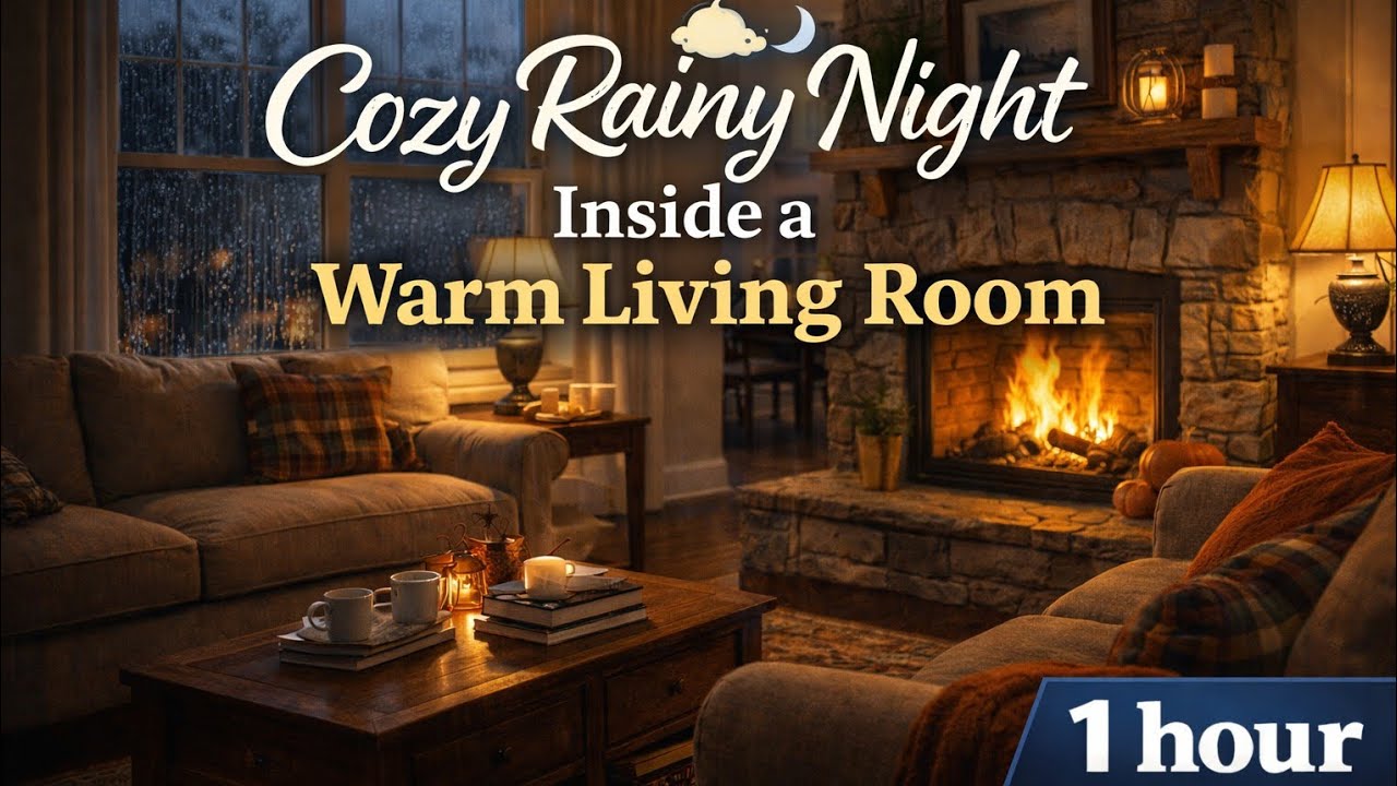 Cozy Rainy Night Inside a Warm Living Room 🌧️ Fireplace & Window Rain Sounds (1 Hour)