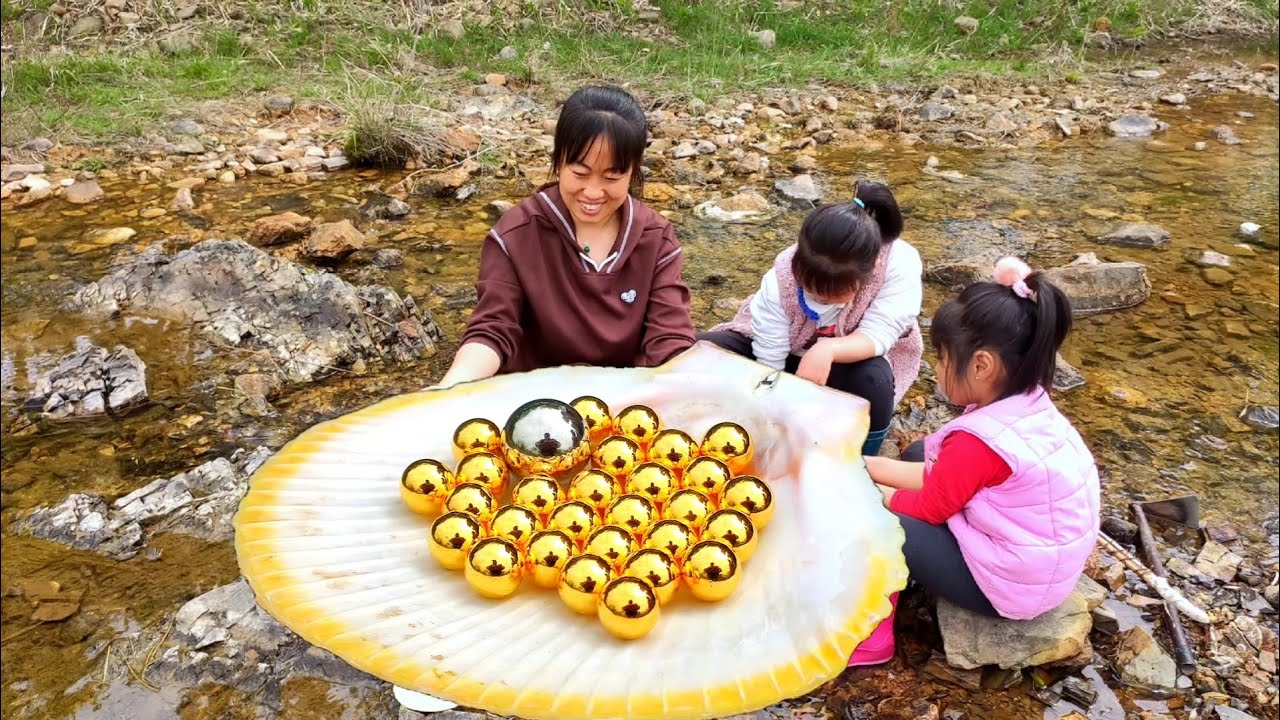 Gold and silver pearls. 8-year-old fur shell grows big pearls