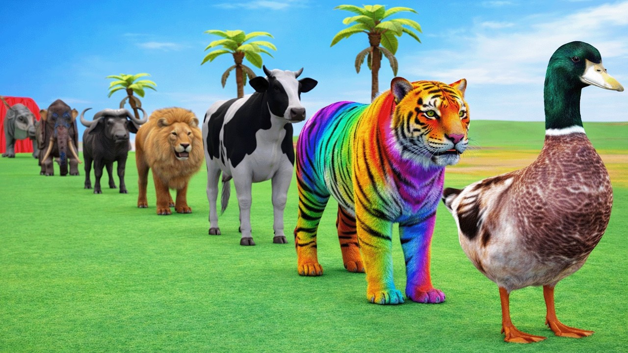 Long Slide Game With Cow Elephant Gorilla Hippopotamus Tiger - 3d Animal Game - Funny 3d Animals