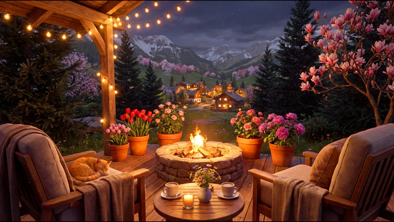 Cozy Spring Night Ambience – Campfire & Fireplace Sounds in a Peaceful Mountain Village