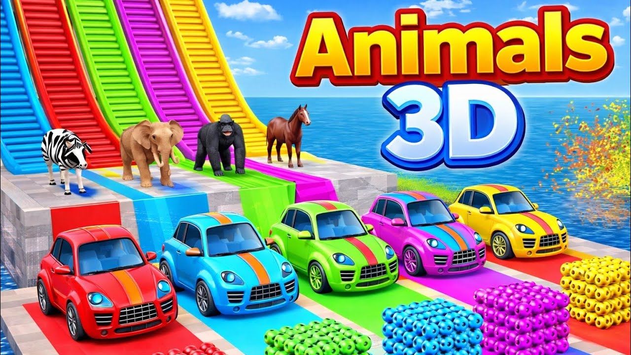 Animals 3D Long Slide Challenge 🦓🐘 Gorilla Horse | Color Cars for Kids