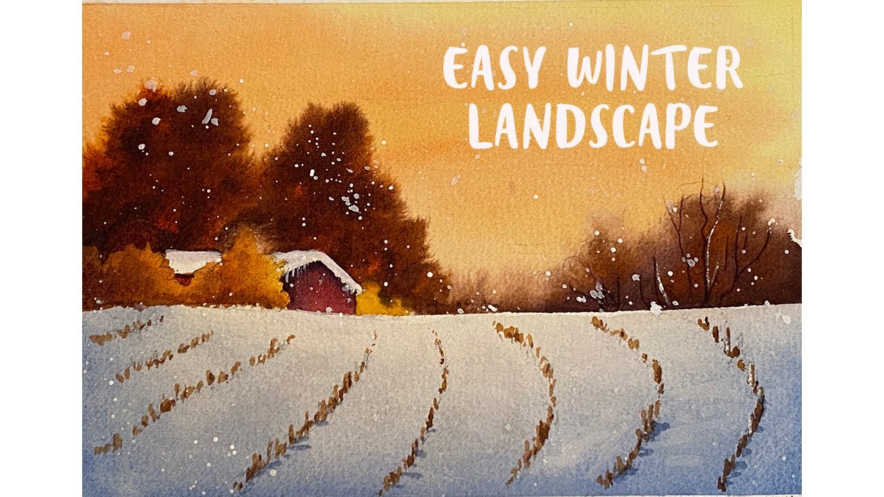 Easy Winter Watercolor Landscape - Cornfield in Snow for Beginners