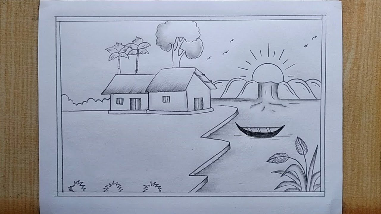Village scenery drawing| Landscape Scenery drawing easy| Easy scenery drawing| Pencil drawing easy 