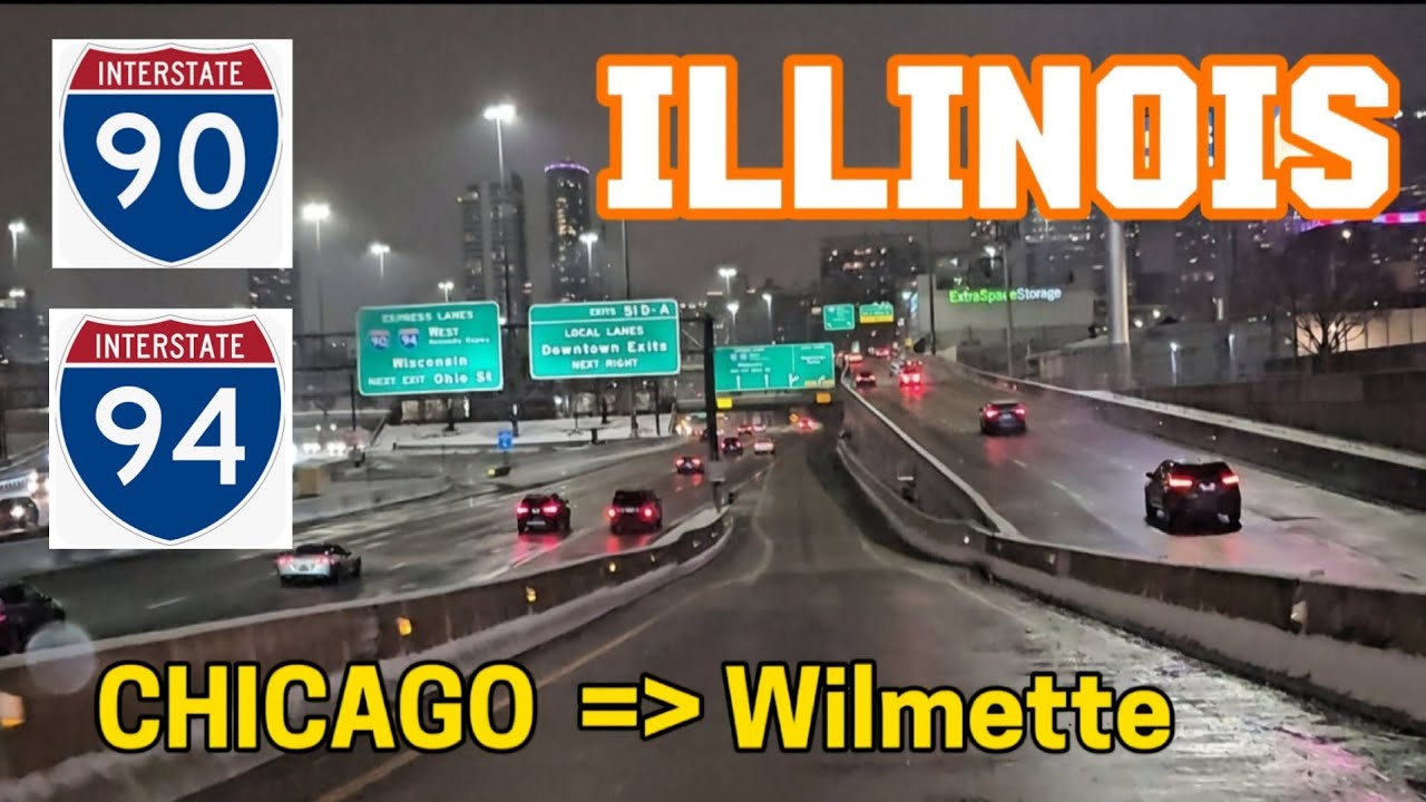 4K Highway drive. Nighttime. Chicago =》Wilmette, Illinois. Interstate 90/I-94. January 10, 2025.