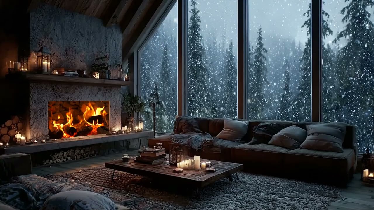 Warm Fireplace  Relaxing Holiday Ambience with Snowfall