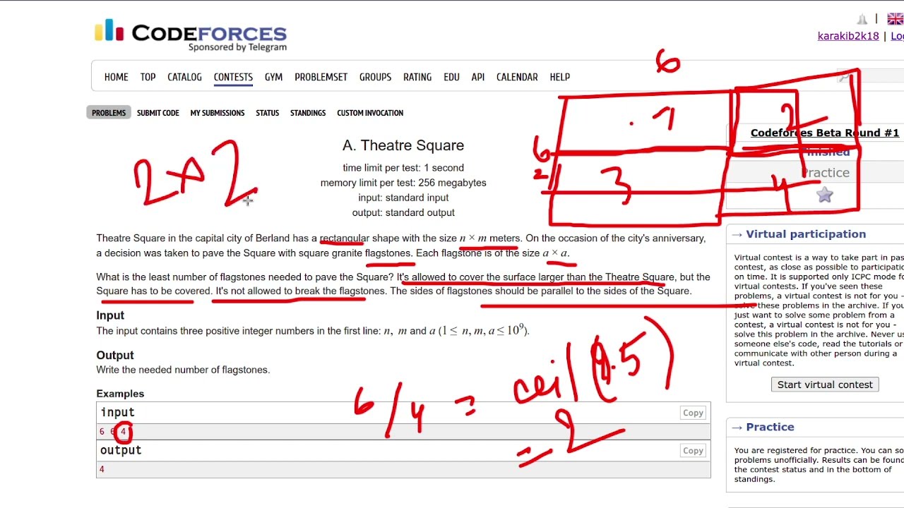 A.  Theatre Square | Codeforces | A | Easy Problem | Competitive Programming