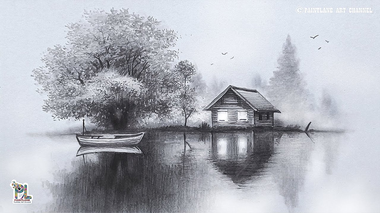 How to draw House with light and boat in Scenery Art with Pencil