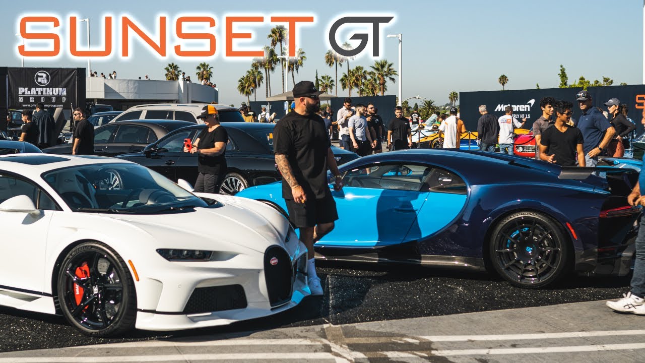 12 BUGATTI's at SUNSET GT CARS & COFFEE Celebrating Monterey Car Week CRAZY Booth By Platinum Group!