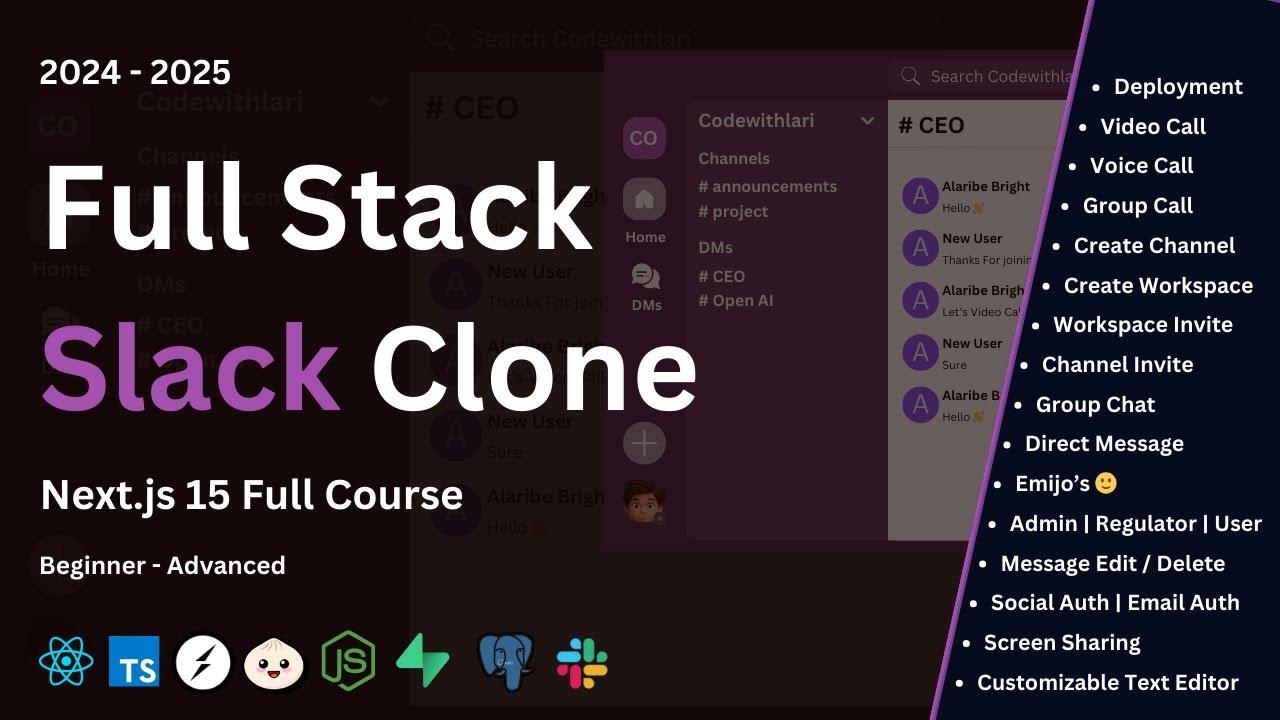 Fullstack Slack Clone: Next.js 15, Postgresql, Supabase, Typescript, Bun, Socket.io, Deployment