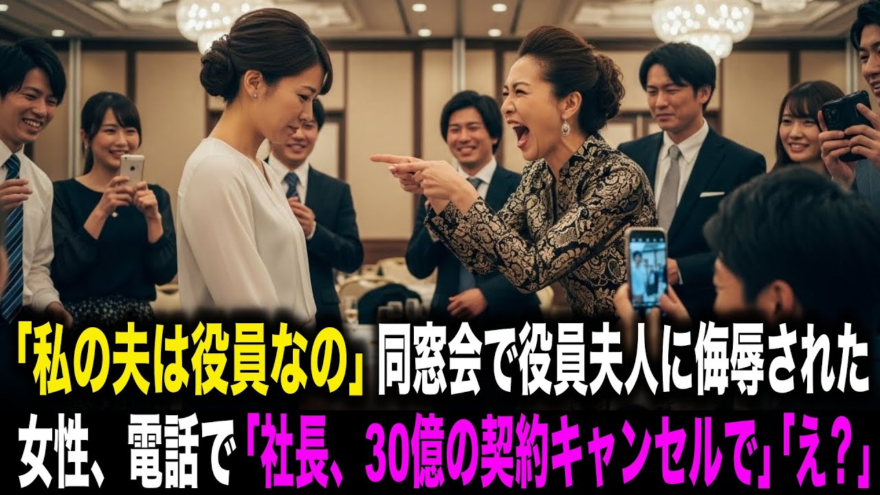 【スカッとする話】「私の夫は会社役員なの」同窓会で役員夫人に侮辱された女性。電話をかけ「社長、30億の契約キャンセルで」「え？」