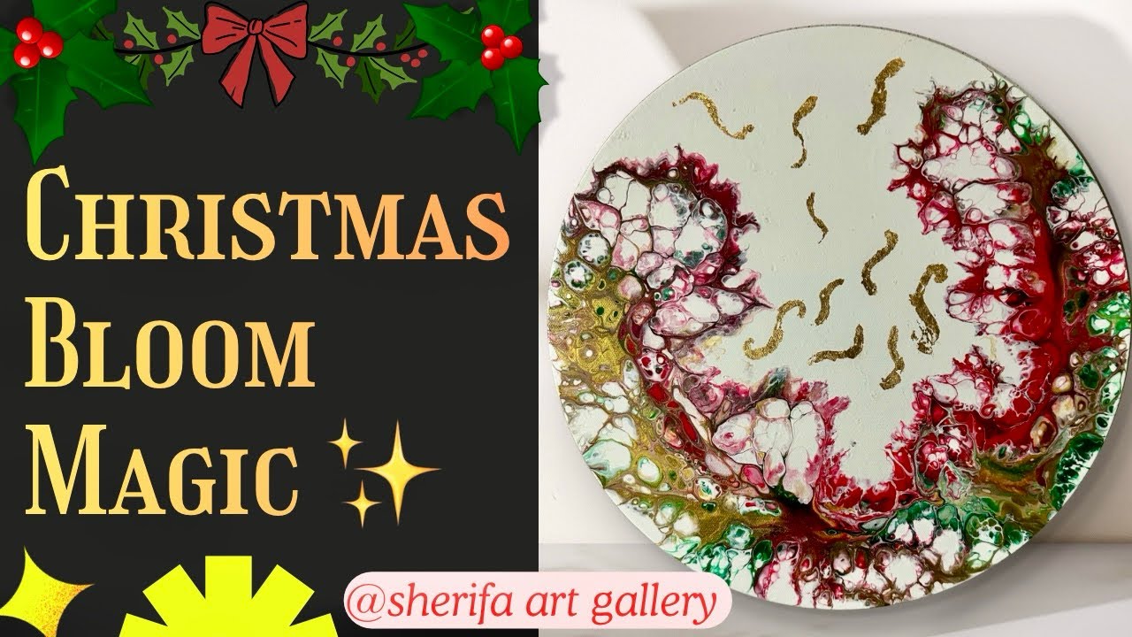 Mesmerizing Christmas Bloom Pour | Acrylic Fluid Art with Gold, Red & Green Cells 