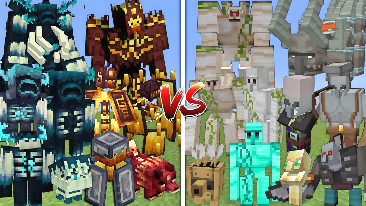 ALL MUTANT WARDEN & BLAZE VS ALL MUTANT IRON GOLEM & PILLAGER MOBS BATTLE IN MINECRAFT
