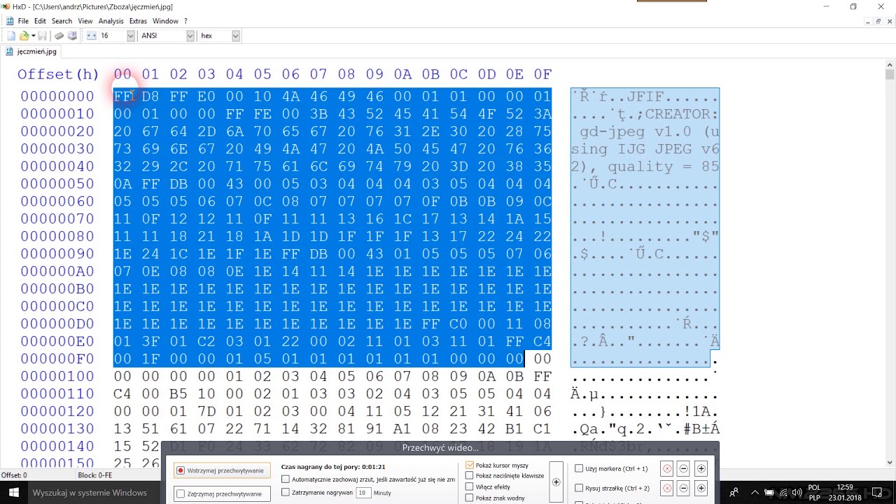 [Ciekawe programy] Hex Edytor prawde Ci powie o pliku - plik JPEG jak wygląda w HEX ?
