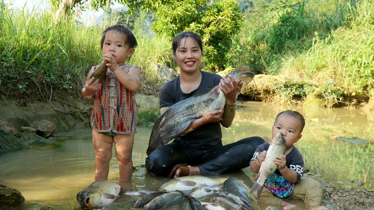 A single mother and her child caught a huge school of fish to take to the market to sell