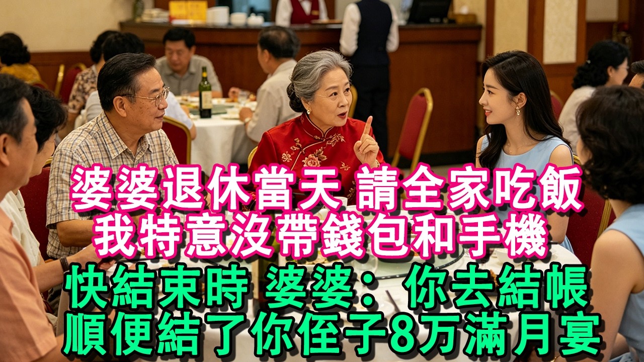 婆婆退休當天請全家吃飯，我特意沒帶錢包和手機，快結束時她给我使眼色：儿媳呀你去前台結帳，順便結了你侄子的8万滿月宴#婆媳 #家庭 #婚姻 #情感 #情感故事 #為人處世 #養老 #老年生活 #退休