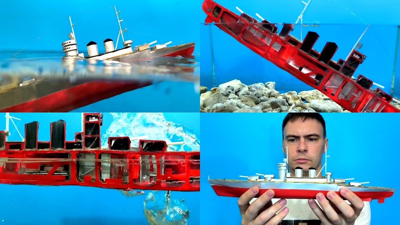Cardboard ship sinking, World War II battleship model in section, shipwreck experiment
