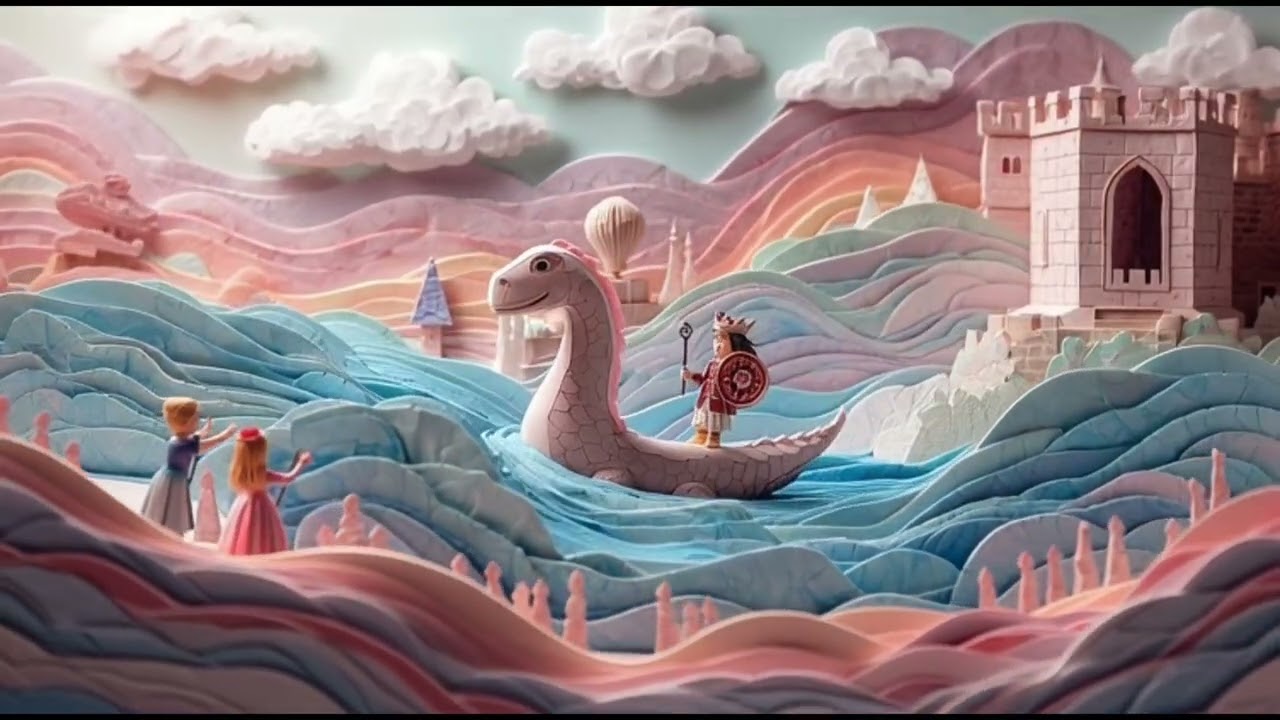 Bright whimsical paper diorama of Loch Ness. 