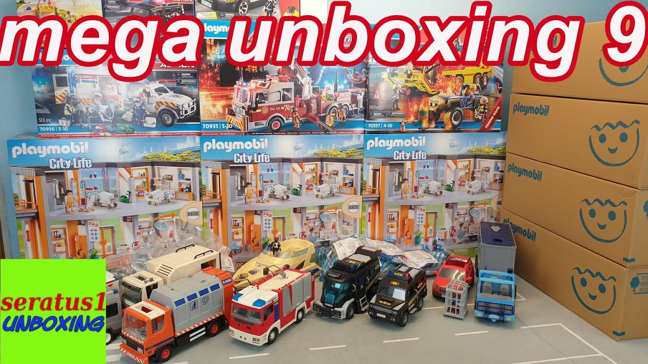 mega unboxing 9 Spielzeug auspacken US Tower Ladder Ambulance Löschfahrzeug seratus1 unboxing