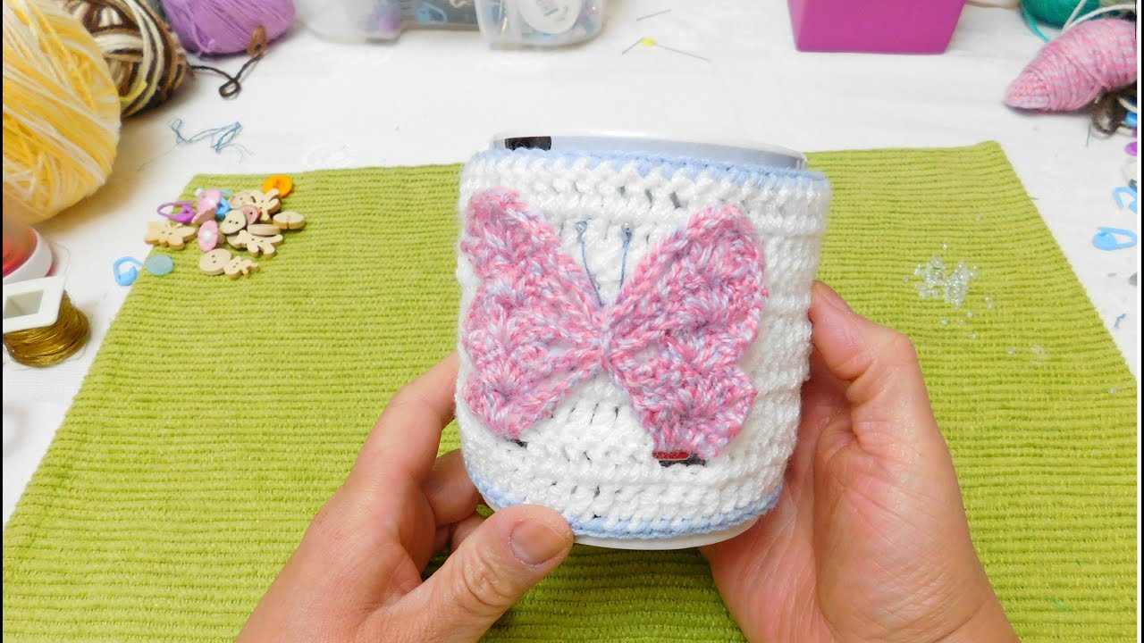 CUBRE TAZA MARIPOSA EN 3D A CROCHET  VERSIÓN (DIESTRO)