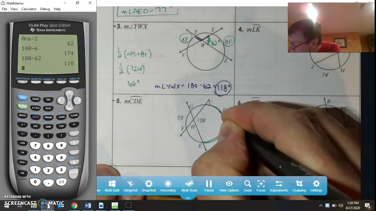 Arcs and Angles Formed by intersecting chords in and on the Circle