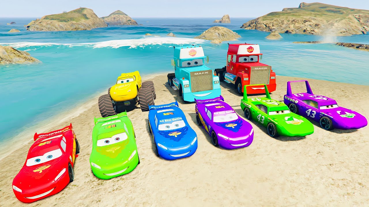 Crazy Track - Race All Disney Cars Lightning McQueen & SpiderMan vs Jackson Storm , Trucks mack