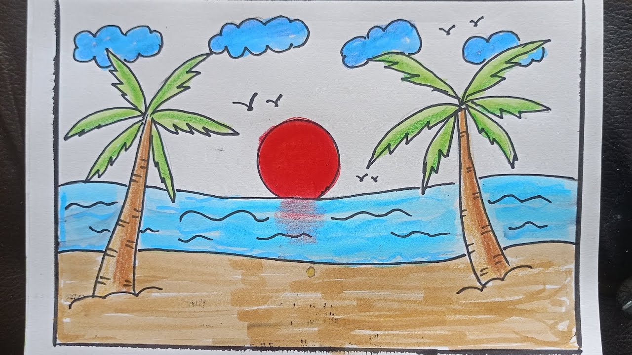 Sunset Beach Drawing Easy for Beginners  