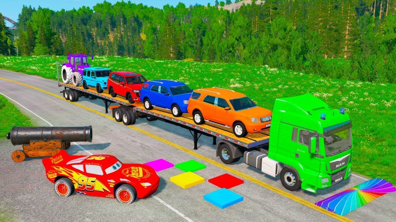 Flatbed Truck Mcqueen | Transportation with Truck - Pothole vs Car #12 - BeamNG.Drive