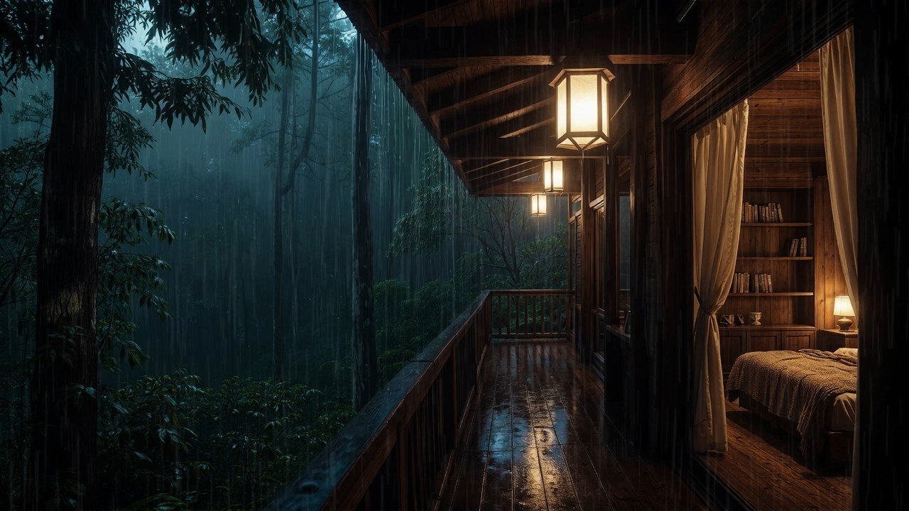 Cozy Rain in Deep Forest 🌧️ Heavy Rain on Cabin Porch for Deep Sleep, Study, Relaxing Ambiance