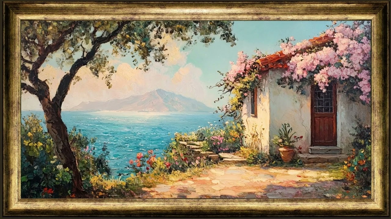 Timeless Summer Cottage ~ rustic vintage oil painting ~ gold frame tv art screensaver