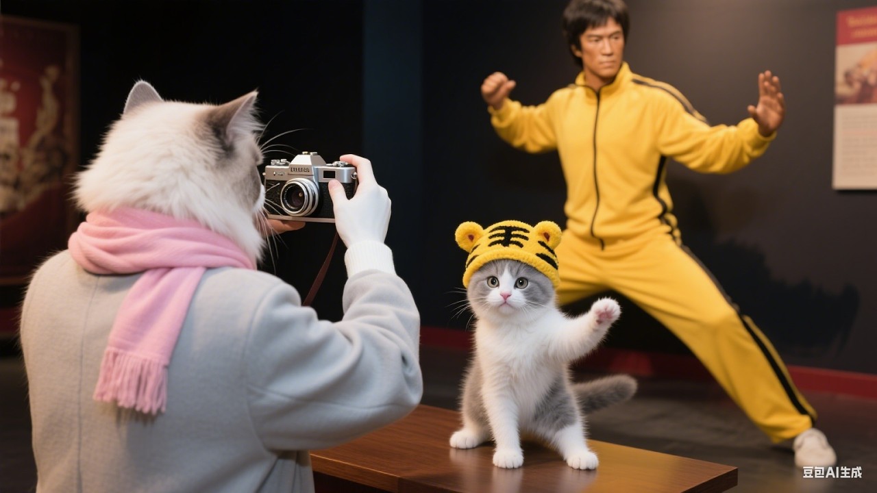 Веселое путешествие котёнка Tiger-Hat в Гонконг: подражание статуе Брюса Ли