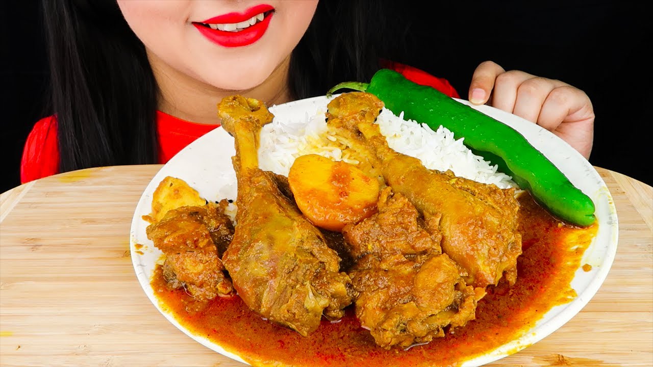 Eating SPICY CHICKEN CURRY with Basmati RICE|Eating Indian Food (Real Sounds Eating Show)