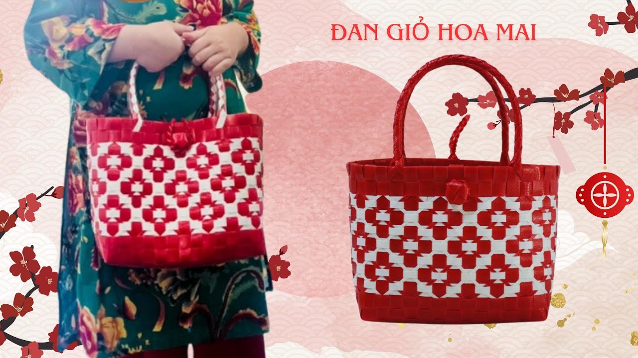 Cách đan giỏ hoa mai đỏ từ dây nhựa - How to make a bag from a plastic cross. Làn Đan dây nhựa