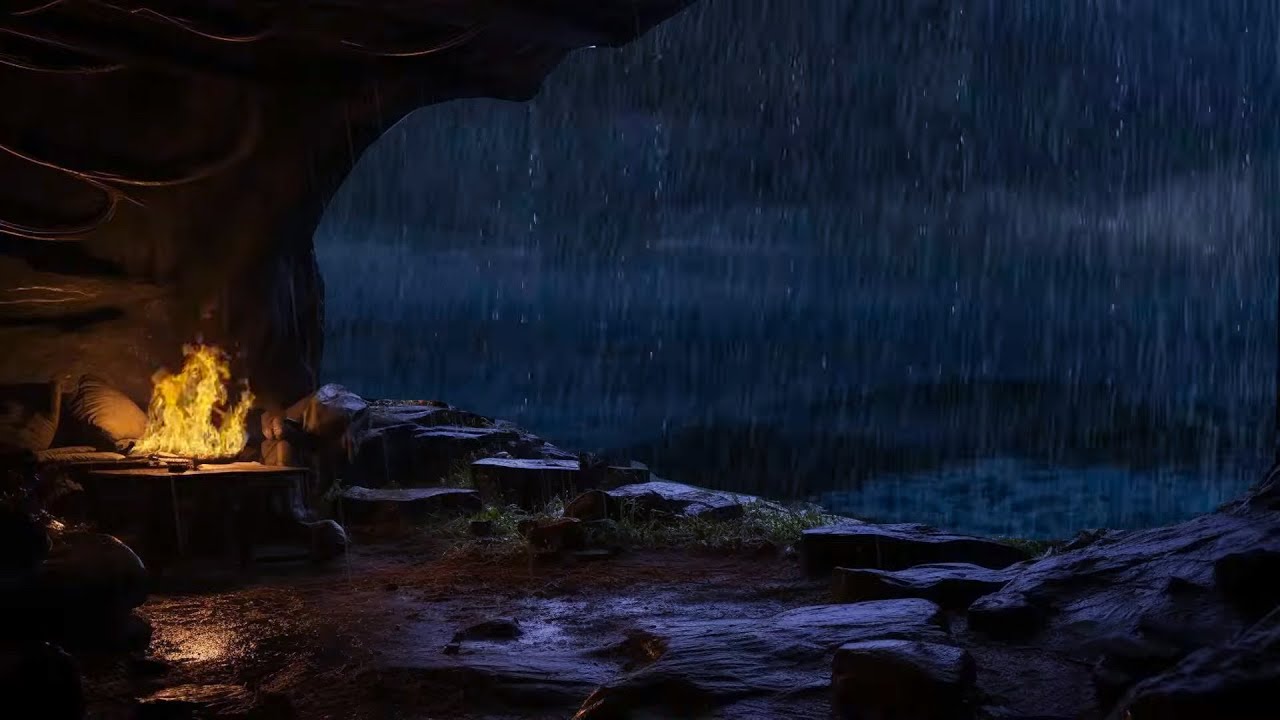 🌊Cozy Cave with Rain & Ocean Waves sounds🔥Thunderstorm & Campfire for Sleep, Study, Relax⛈️