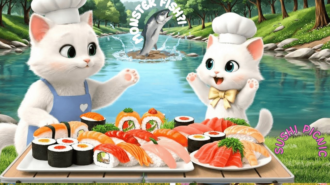 A Cute Cat Story: Mama Cat & Baby Cat Go Fishing 🎣 Giant Salmon Battle & Sushi Cooking (Ep.14)