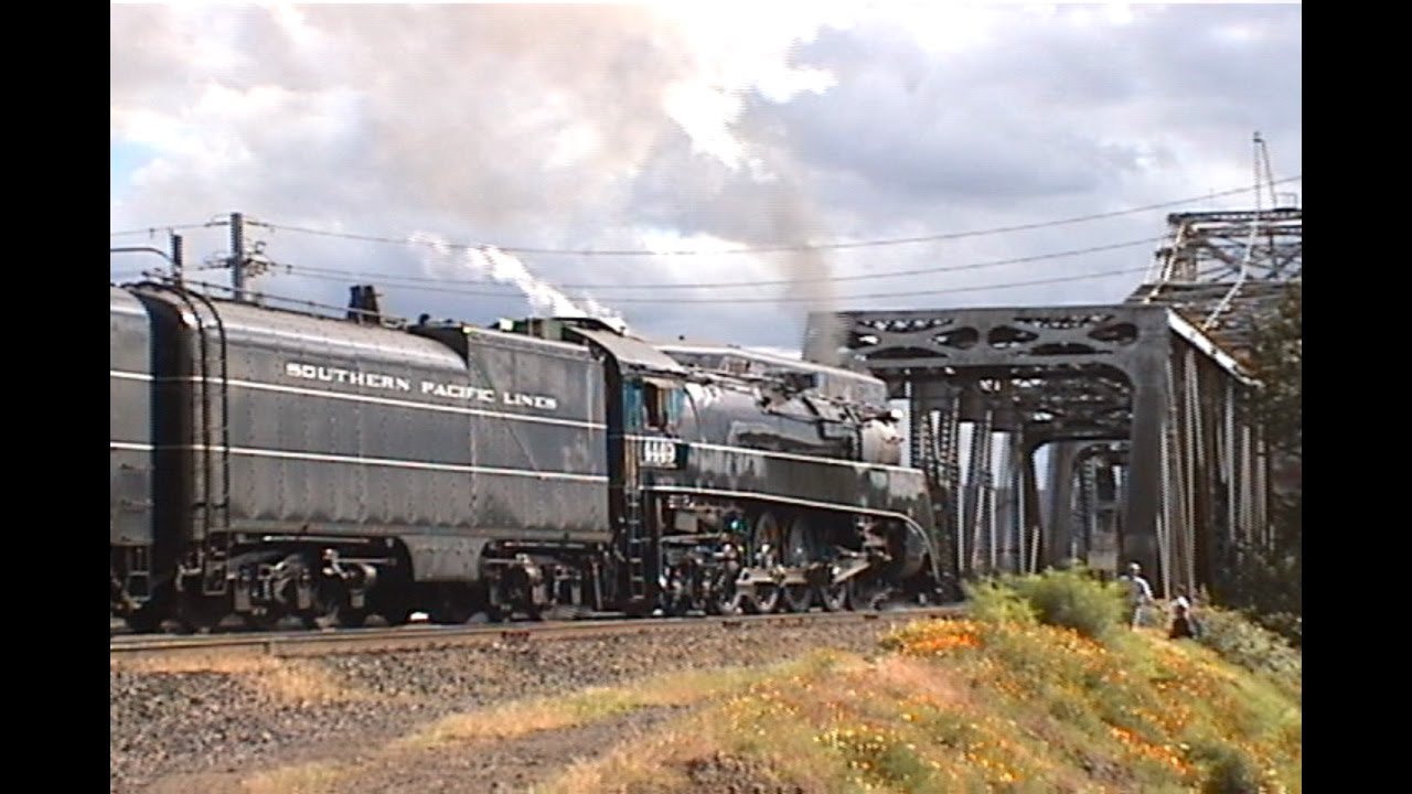 1297. SOUTHERN PACIFIC SP 4449 departing in Vancouver Washington onto Columbia River Bridge