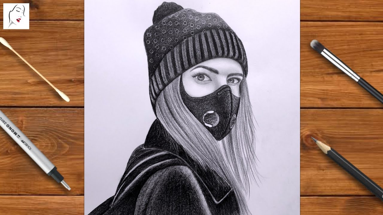 How to draw a girl with mask - Step by Step | A girl wearing mask | Girl Drawing | The Crazy Sketch