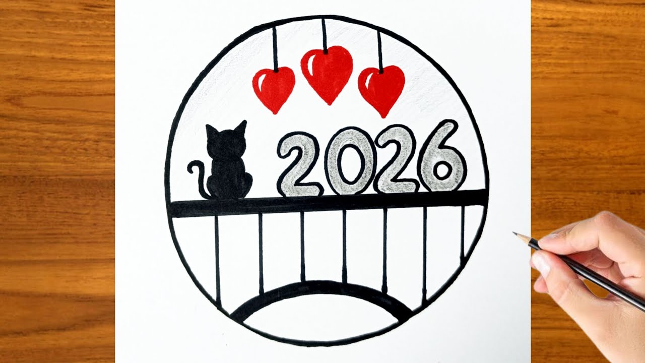 How to Draw a New Year 2026 Landscape Inside a Circle | Easy and Step-by-Step New Year's Drawing