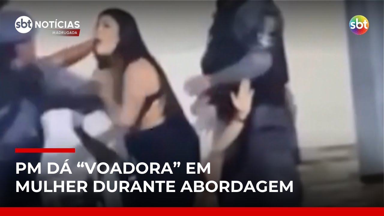 PM d&aacute; 'voadora' no peito de mulher durante abordagem em distribuidora de bebidas | #SBTNot&iacute;cias