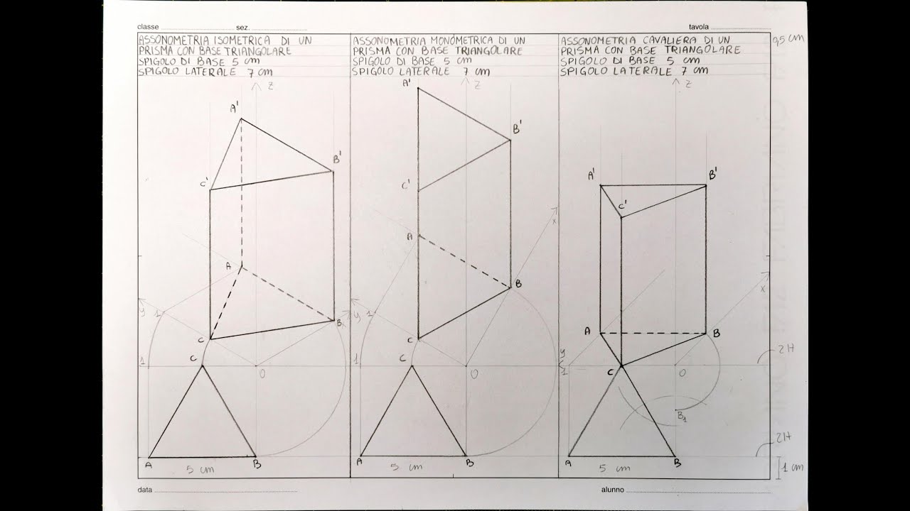 Assonometria di un prisma a base triangolare. (1/4)