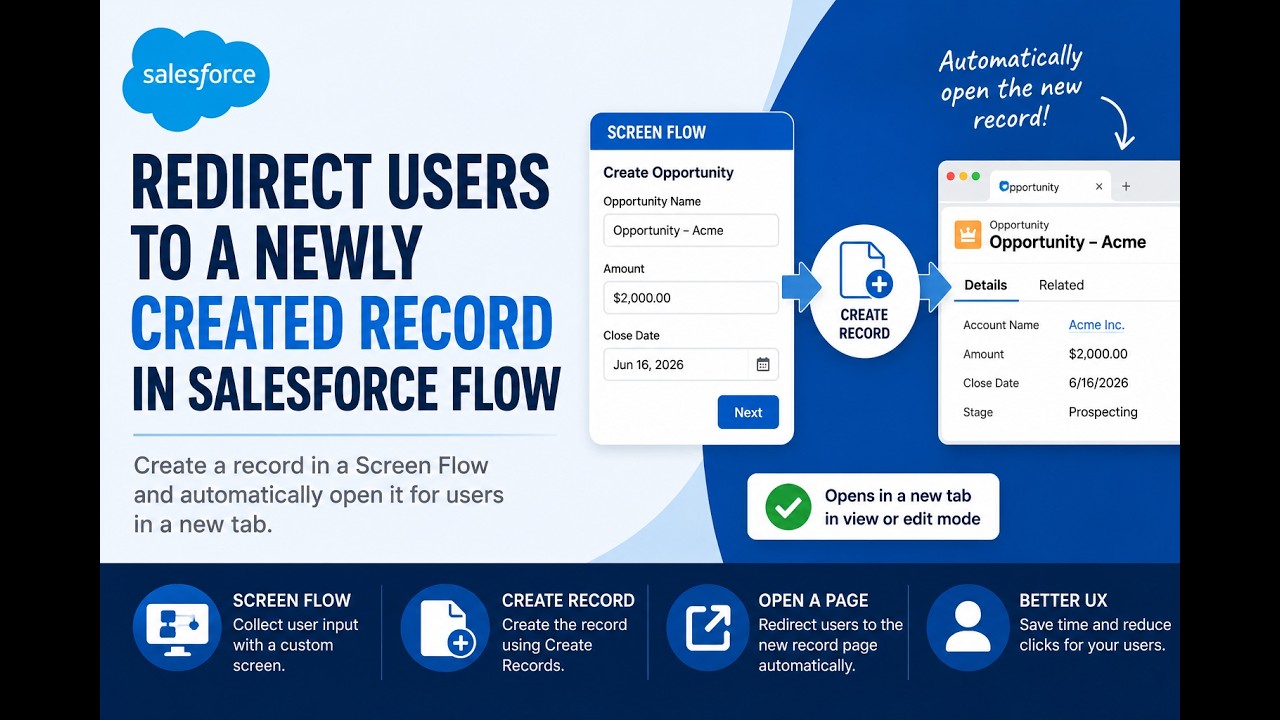 Redirect Users to a Newly Created Record in Salesforce Screen Flow by using the Open a Page Action