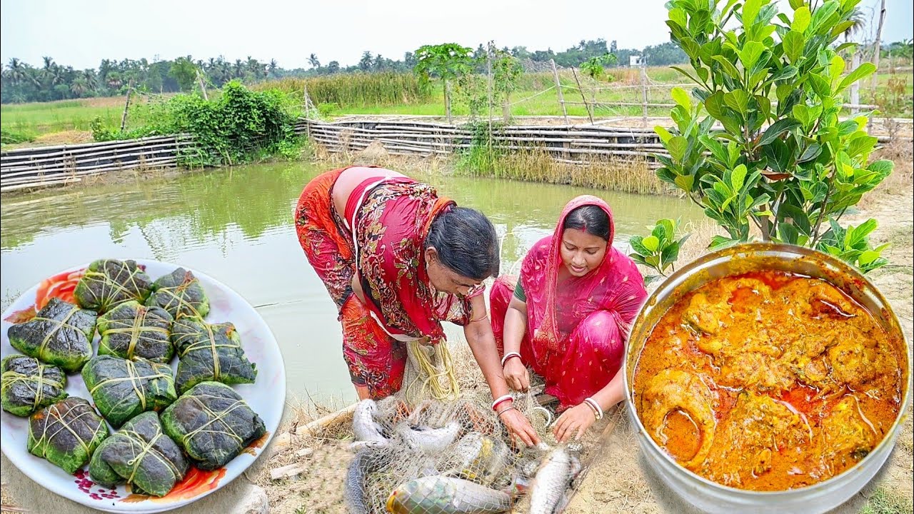 পুকুরে জাল দিয়ে মাছ ধরে রুইমাছ ভাপা বানালাম সাথে লাউপাতায় মাছের ডিমের রেসিপি||net fishing by popi