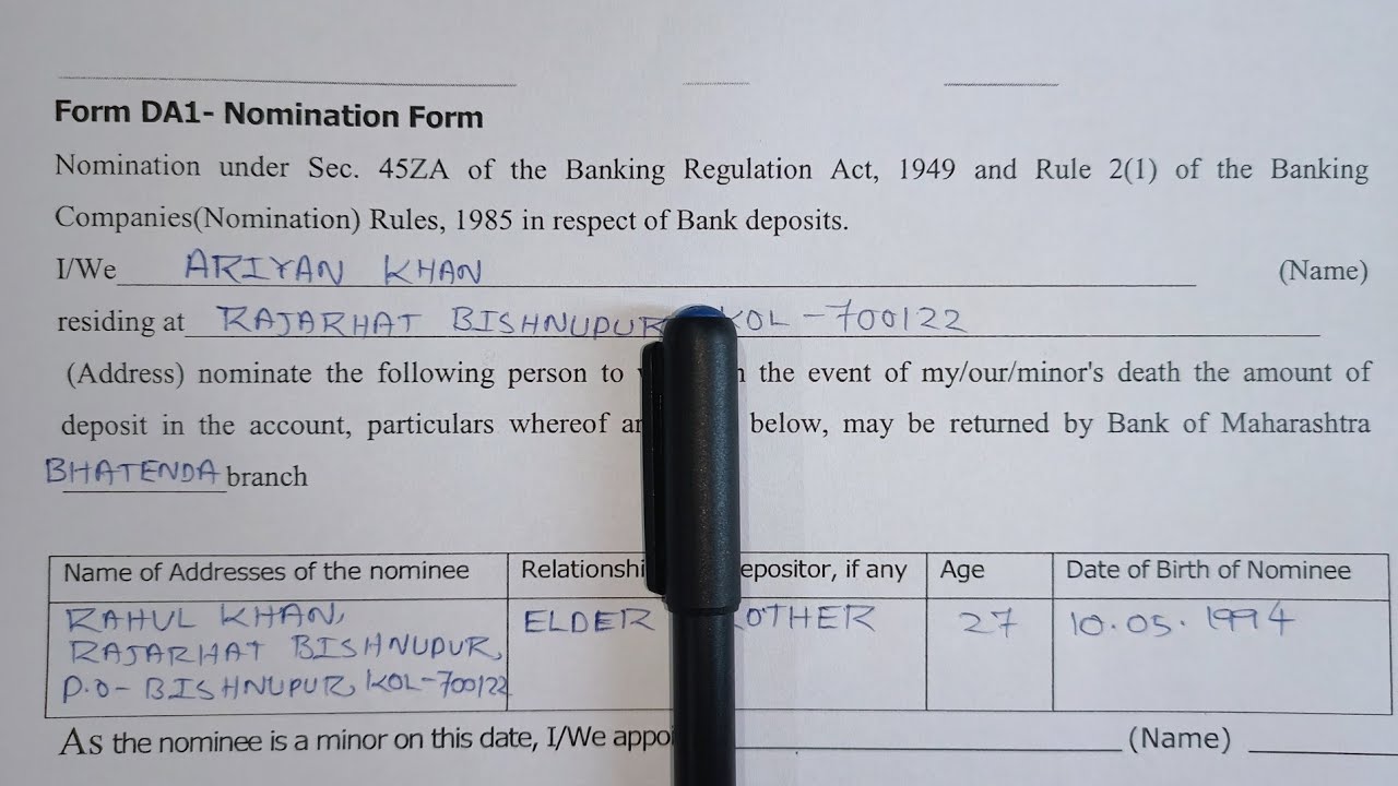 Bank Of Maharashtra Nomination Form Fill Up | Bank Of Maharashtra Nominee Form | Nominee Form DA -1