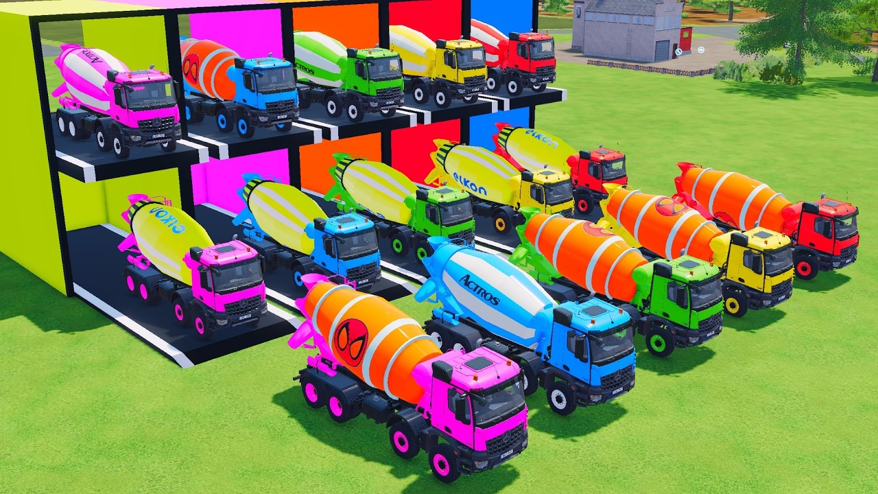 Garage with Colors - ALL MIXER TRUCK WITH DOUBLE FLATBED TRAILER TRUCK, MAN, ROSTSELMASH - FS22