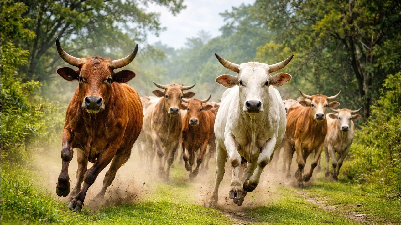Herding dozens of happy cows towards the beautiful fresh grass fields, an activity in the morning