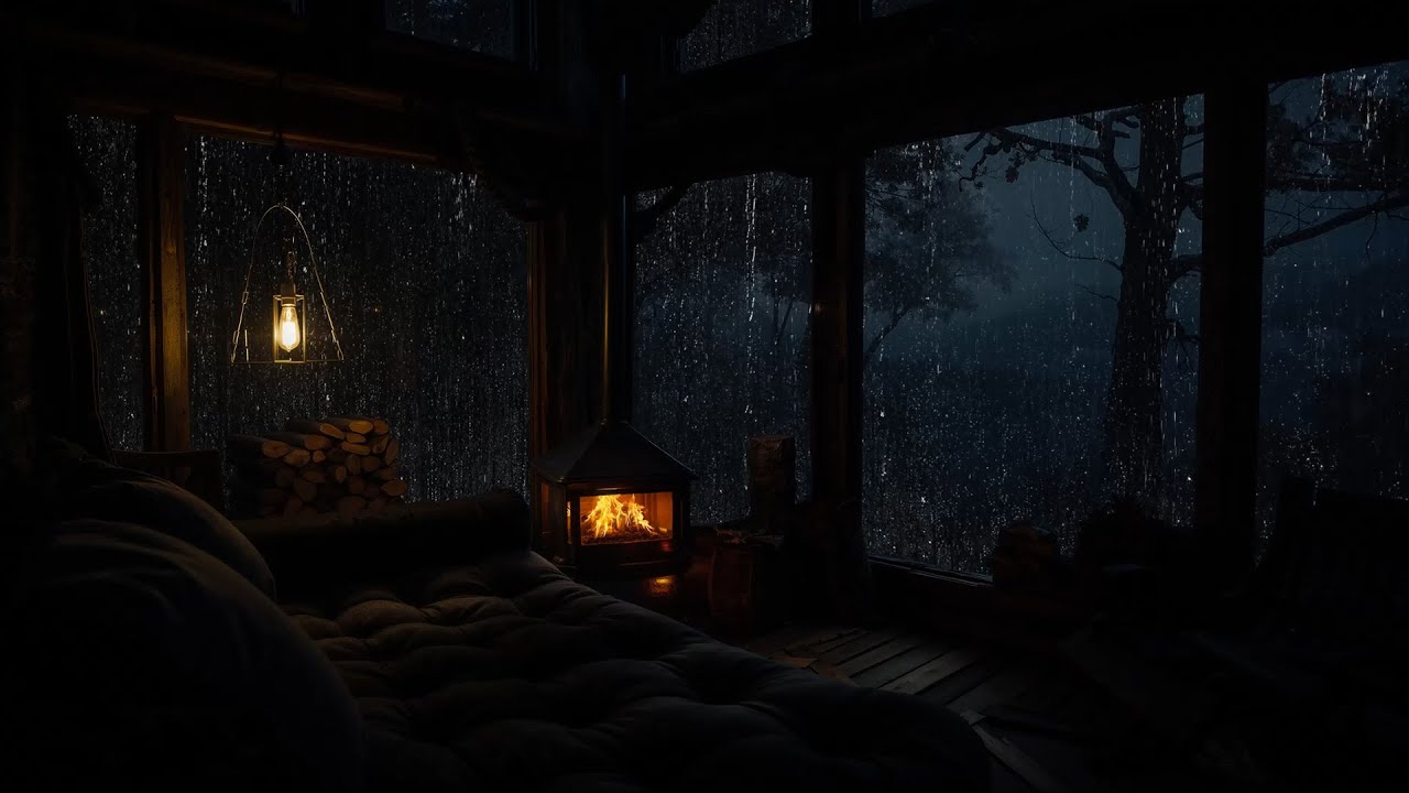 Rain in Cabin at Night with Fireplace | Sleeping Rain Sounds for Deep Sleep
